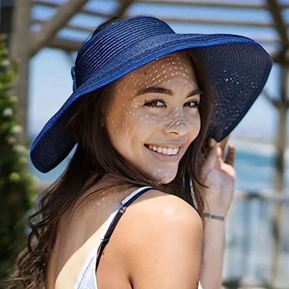 Boho wide band foldable packable staw hat - Picture 1 of 15